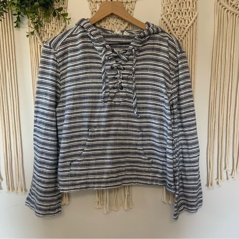ROXY Women's Cabo Trip Lace Up Navy Stripe Hoodie Small